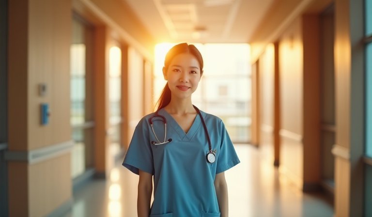 護理人員在醫院診間專注執行醫療照護的情境。