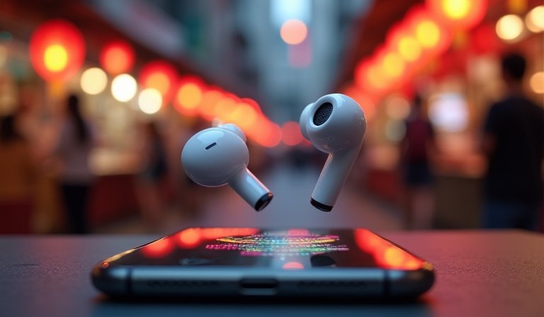 使用者佩戴藍牙耳機操作手機，進行跨語言即時翻譯。