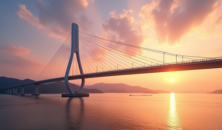 淡江大橋單塔斜張橋與淡水河口落日餘暉美景