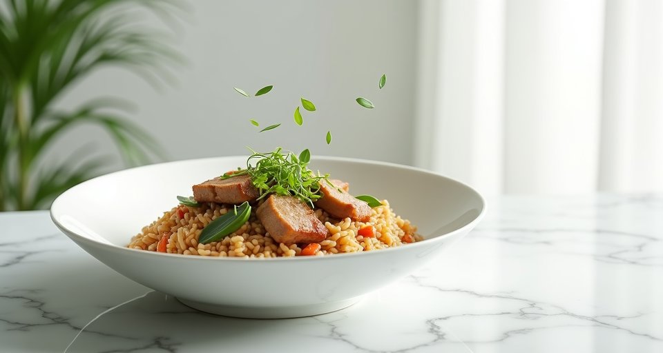 淋上細碎肉燥與鹹甜滷汁，呈現紅潤油亮光澤的肉燥飯。