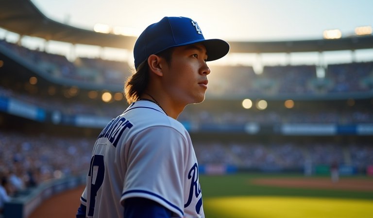 金慧成身穿道奇隊球衣，在大聯盟首戰中進行守備。