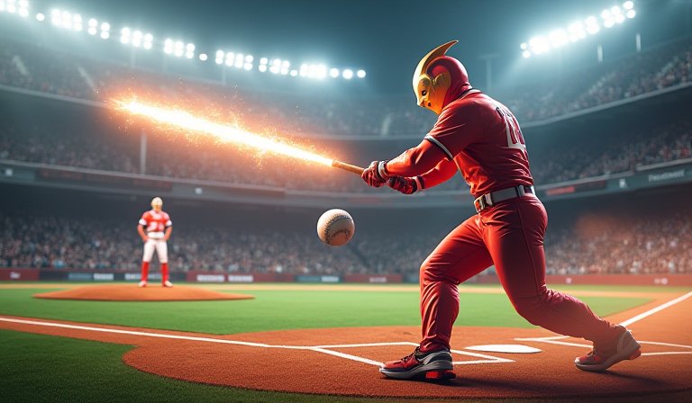 怪獸積頓於棒球場中揮舞球棒，準備擊出一兆度全壘打。