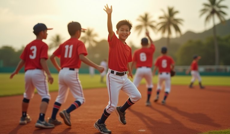 金門國小學生在賽場揮動球棒，專注投入樂樂棒球賽事。