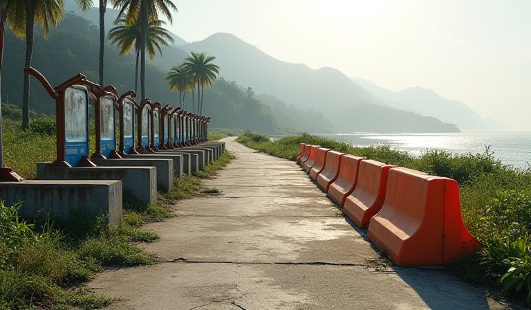 花蓮海岸線旁的公共自行車租賃站，停放著橘黃色單車。