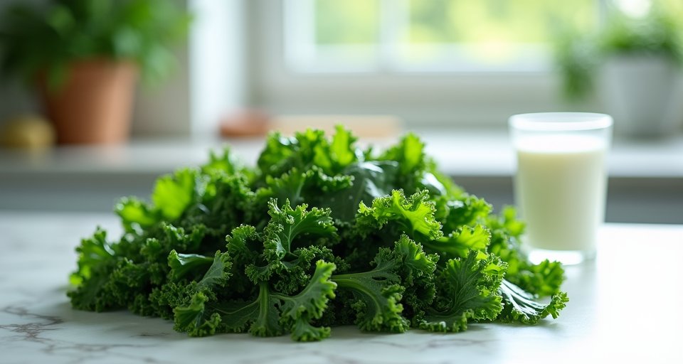 餐桌上擺放鮮乳與各類深綠色蔬菜等多元補鈣食材