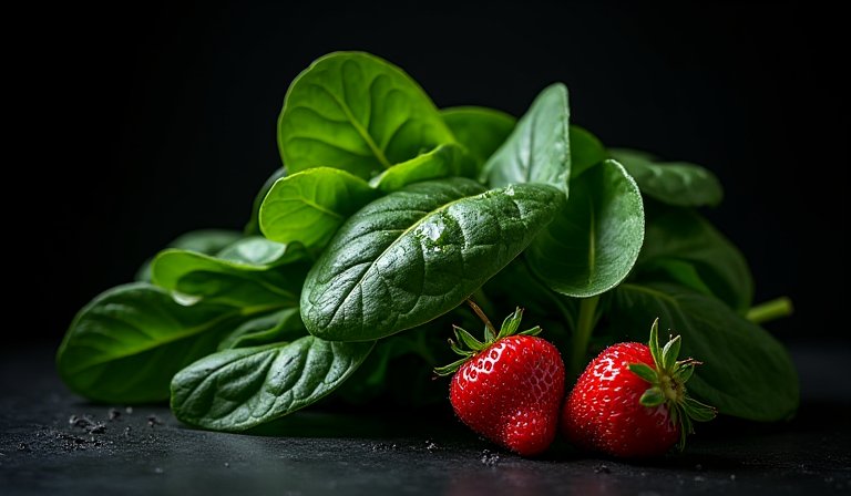 盤中盛裝的新鮮翠綠菠菜、羽衣甘藍與各類葉菜。