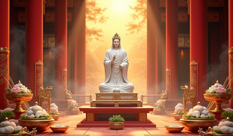 廟宇供桌上整齊擺放的方正豆腐與象徵生機的鮮綠蔬菜