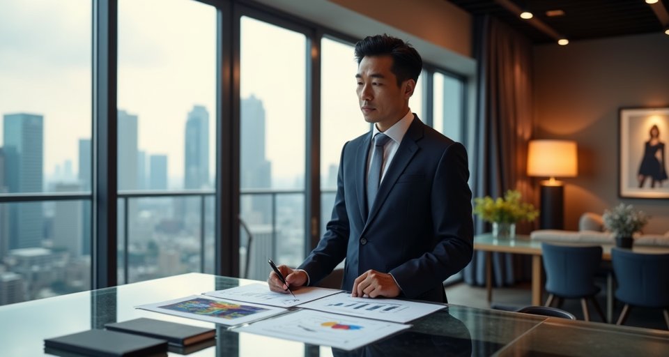 現代金融中心前的股票上漲曲線，象徵股東增持計畫圓滿。