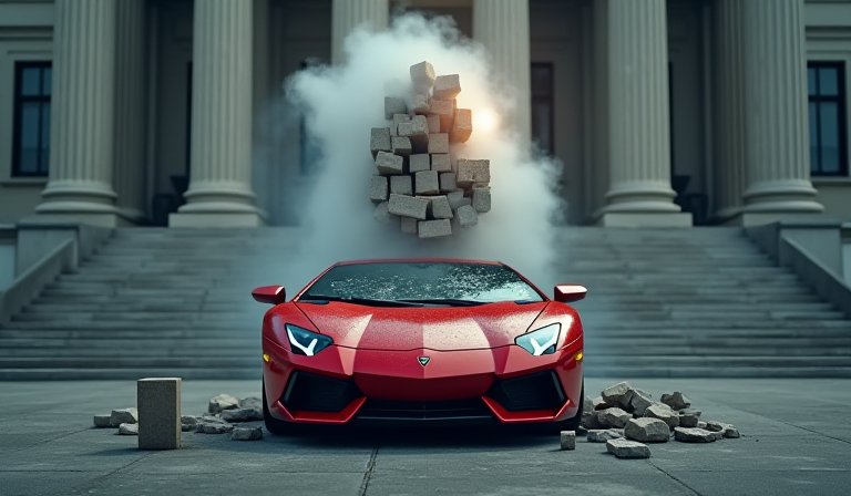 黃色藍寶堅尼跑車與木製法槌象徵車禍官司判決