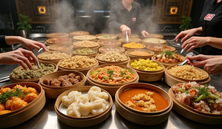 北京社區食堂內菜色多樣，各年齡層民眾正愉快共餐。