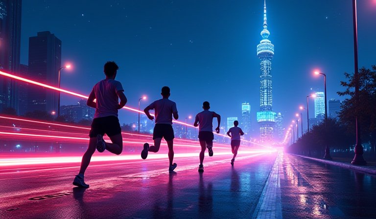 跑者穿著再生材質環保跑衣於台北大佳河濱公園參加夜跑。