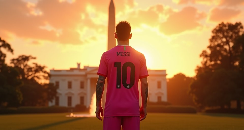 川普在白宮獲贈邁阿密國際45號球衣，梅西在旁合影。