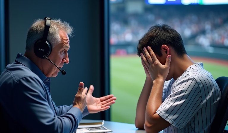 身穿大都會球衣的索托按著右小腿，神情痛苦地待在場邊。