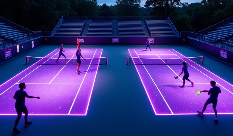 竹北星空紫雙球場，薰衣草色地坪融入星雲圖案與燈效。