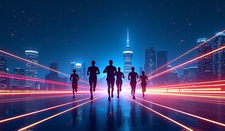跑者在城市燈火下參與馬拉松星光夜跑賽事