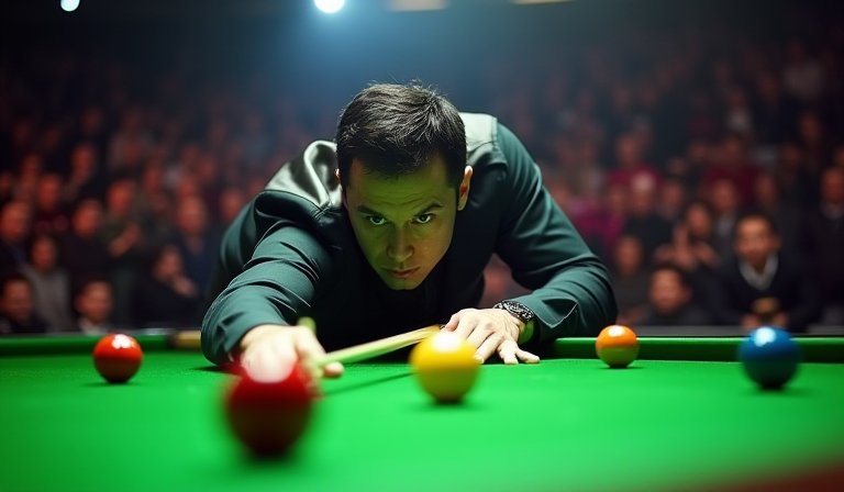 奧蘇利雲在桌球賽中全神貫注瞄準，準備進行關鍵清檯。