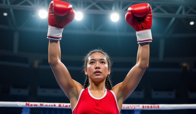 林郁婷在擂台施展防守反擊，靈活閃避並以刺拳壓制對手。
