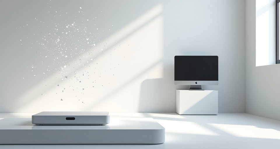 銀色 Mac Studio 與精密的半導體記憶體晶片