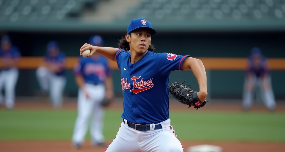 張峻瑋在球場外野進行傳接球練習，專注調整投球節奏。