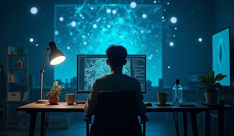 神情凝重的遊戲開發者注視著顯示人工智慧運算的螢幕
