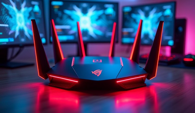 ROG AI 電競路由器展現銳利幾何造型與科技光影背景