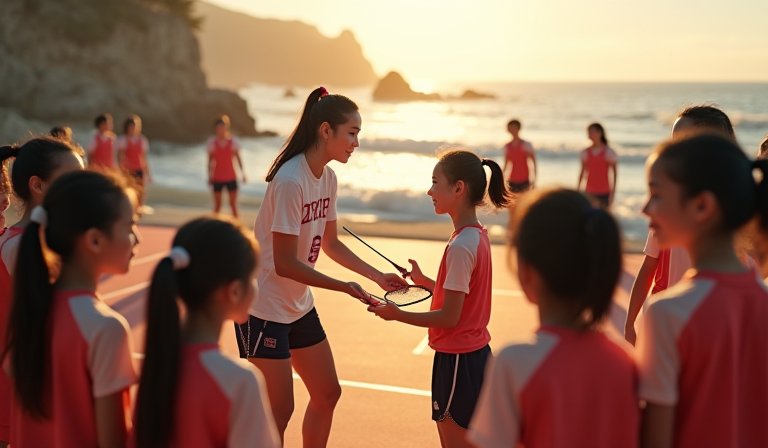 台電女羽選手於羽球館內指導學生發球及網前截擊技巧。