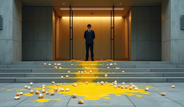 健保署大門招牌遭投擲雞蛋，現場留有大片蛋液汙損痕跡