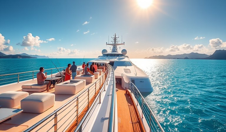 民眾在大型豪華郵輪甲板上體驗海釣的休閒活動。