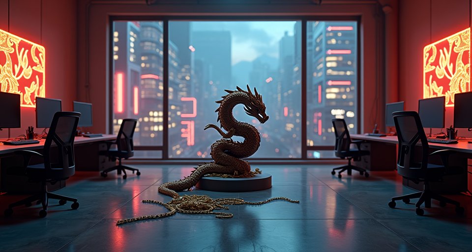 霓虹背景下的龍形圖騰，象徵面臨開發中止的遊戲專案。