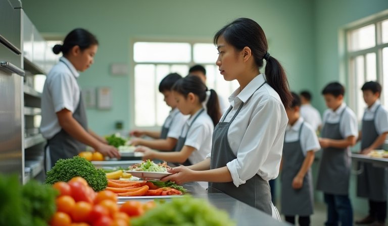 高虹安市長與茄苳國小學童在教室享用營養午餐。