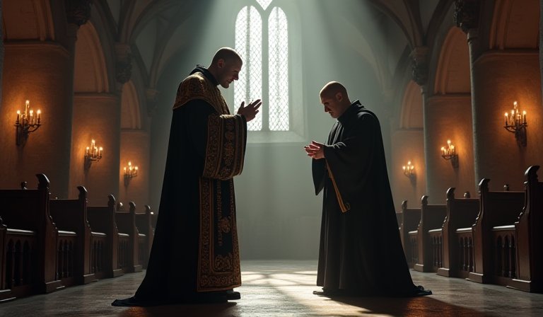 幽暗石室內，身著長袍的審判官正翻閱古老的審訊手冊。