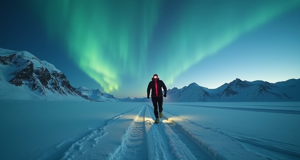 越野跑者在瑞典極地濕滑雪原上，拖行雪橇艱難推進。