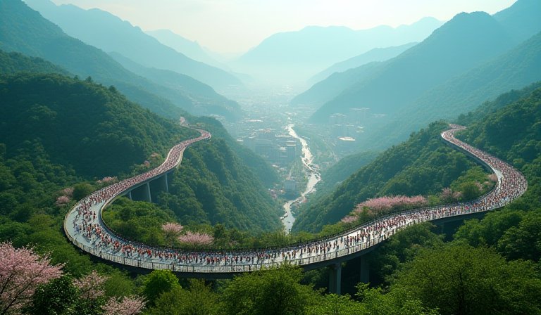 跑者穿梭於復古鐵道旁的綠意路段，並傳遞接力環。