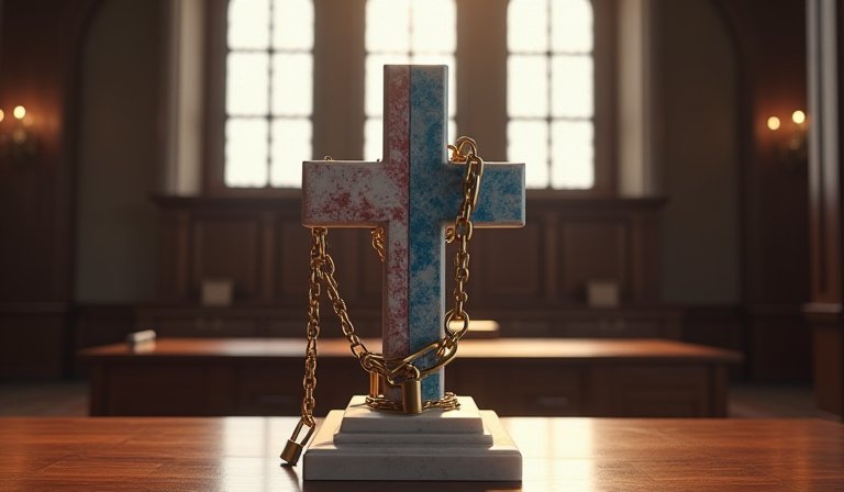 美國國會大廈與聽診器，呈現醫療改革面臨的政治阻礙。