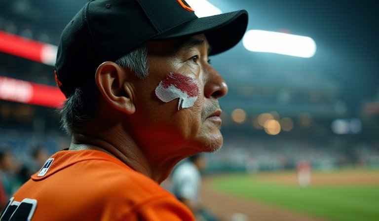 臉部骨折的金鶯教練阿爾伯納茲，於休息區專注執教。