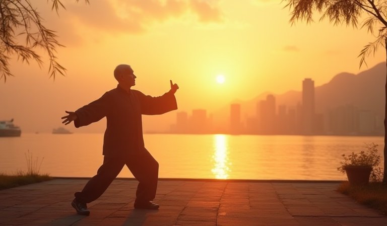 民眾在清晨微風中練習太極拳，實踐宋代文人養生哲學。