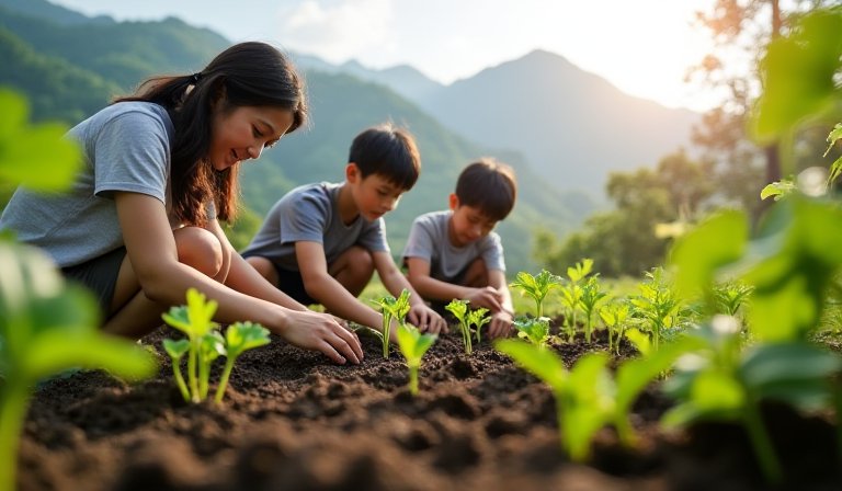 大學生帶領幼兒在田間採集蔬菜，傳承太魯閣族食農文化。