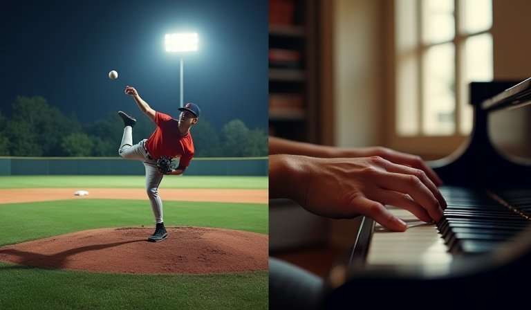 投手正在彈奏鋼琴，透過精細的手指動作進行指尖復健。