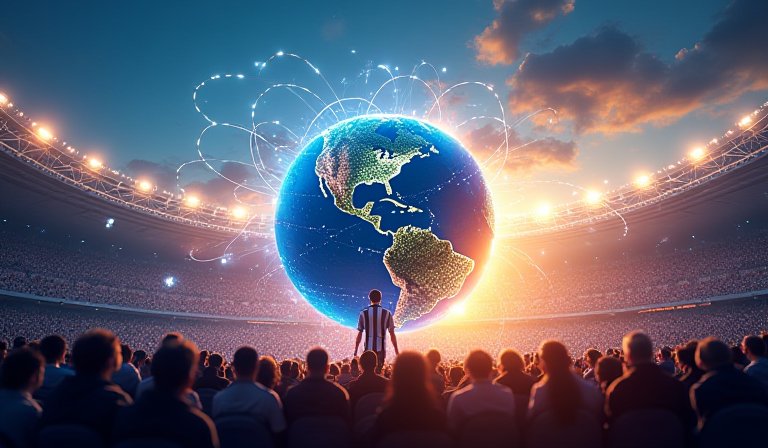 現代足球場掛滿各國旗幟，展現48隊參賽的盛大賽制規模。