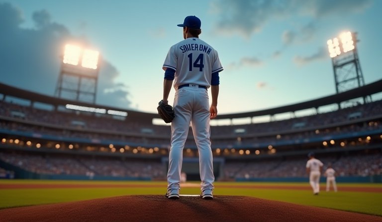 大谷翔平穿著道奇球衣，在投手丘投球壓制守護者打者。