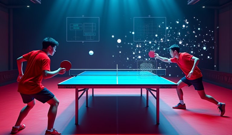 螢幕呈現桌球選手發球角度與賽場移動路徑的數據分析