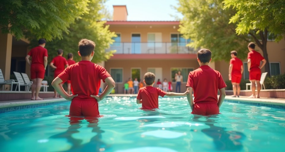 陽光明媚的戶外游泳池，救生員正在池畔巡視維護安全。