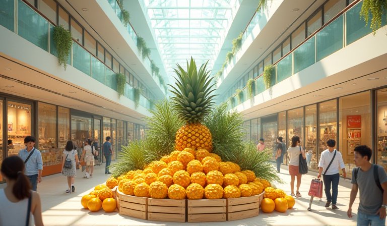 遠百竹北店活動現場展示屏東金鑽鳳梨與在地農特產品。