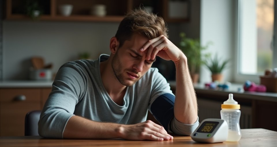 新手爸爸表情痛苦按壓太陽穴，呈現高血壓造成的劇烈頭痛。