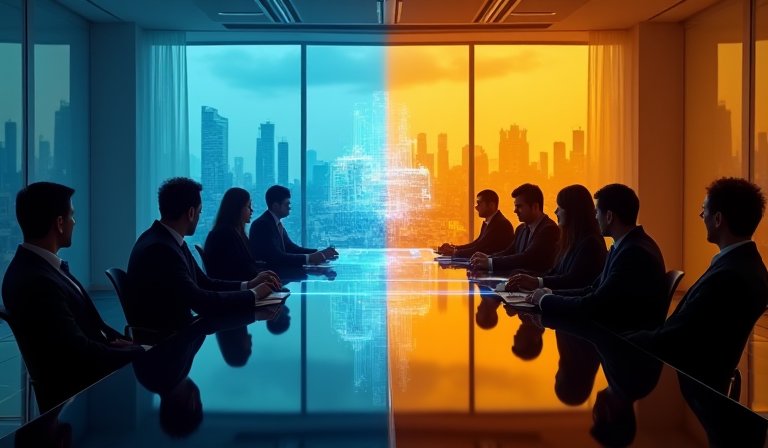 辦公室職員在數位數據背景下思索AI對就業的衝擊。