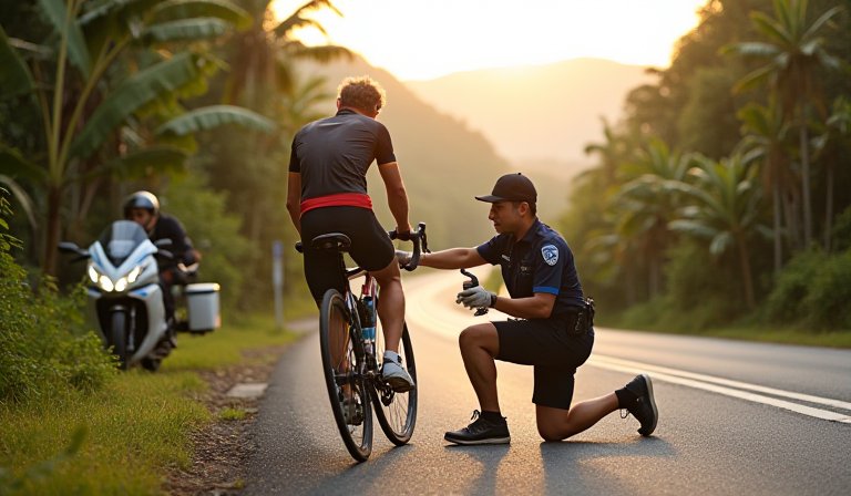 枋寮員警蹲在路邊協助外籍騎士更換故障的單車內胎
