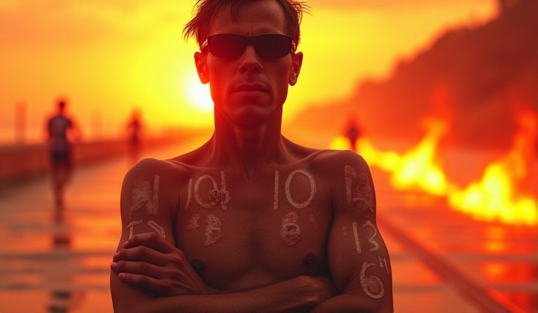 嚴重曬傷的手臂布滿大片水泡，皮膚留有賽事編號烙印。