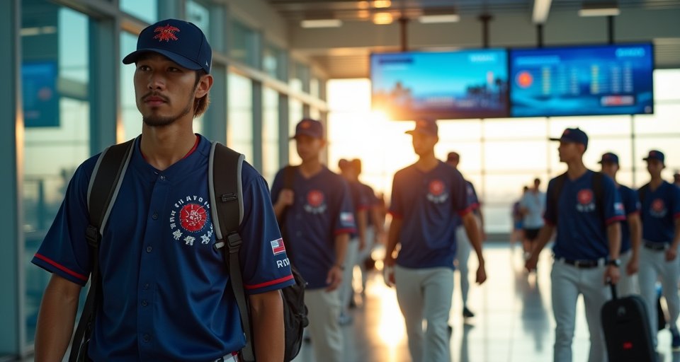 陳傑憲率領中華隊穿深藍西裝現身桃機，目標邁阿密。