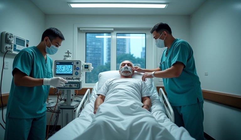 醫護人員在馬拉松賽道旁為突發昏厥的跑者實施緊急救護
