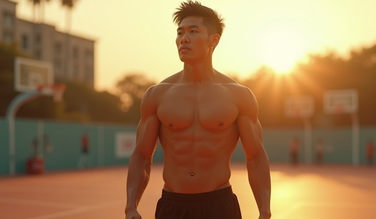 李昀鋭化身籃球國手在場上運球，展現精實的薄肌體態